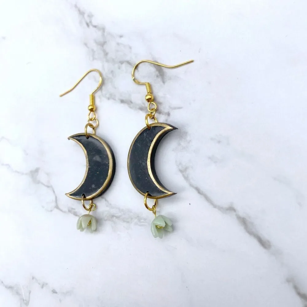 Black Moon Lily of the Valley Dangle Earrings